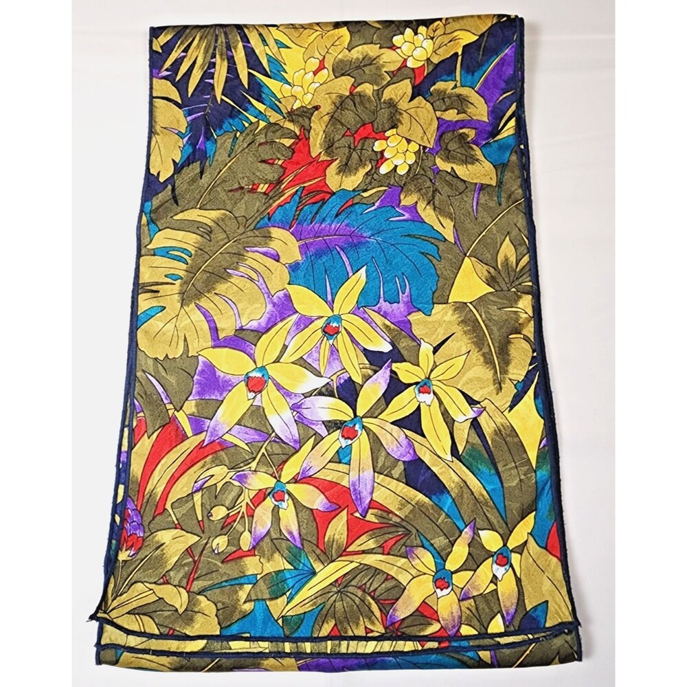 Tropical Floral Scarf Jewel Tone Botanical Satin Finish Gold Blue 64 x 10